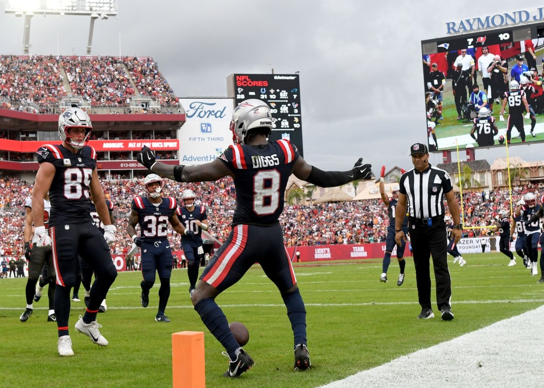 Patriots wide receiver Stefon Diggs celebrates a touchdown against the Buccaneers during the 2025 NFL season.