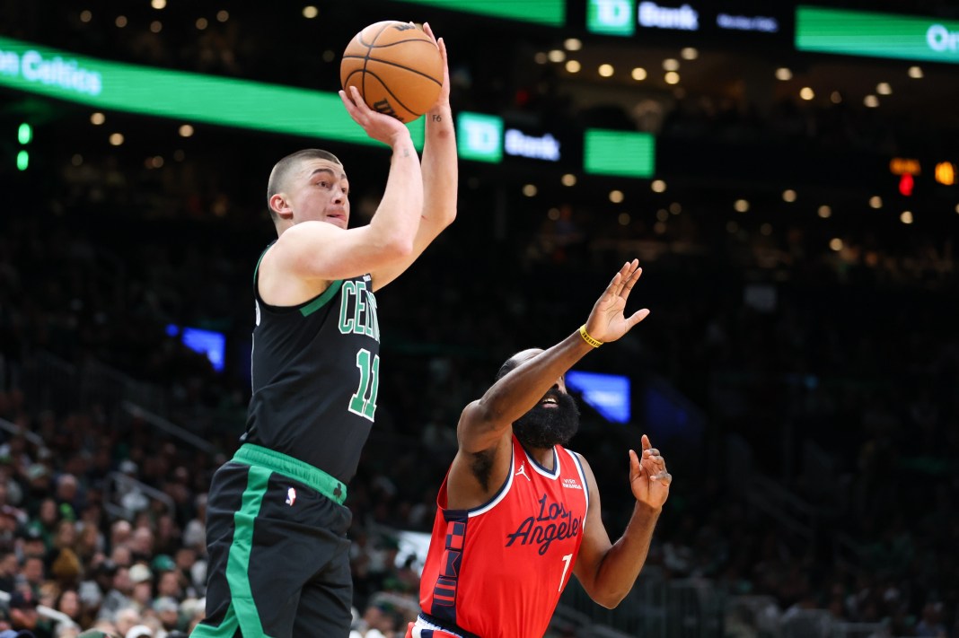 NBA: Los Angeles Clippers at Boston Celtics Celtics guard Payton Pritchard takes a shot against the Clippers during the 2025-26 NBA season.