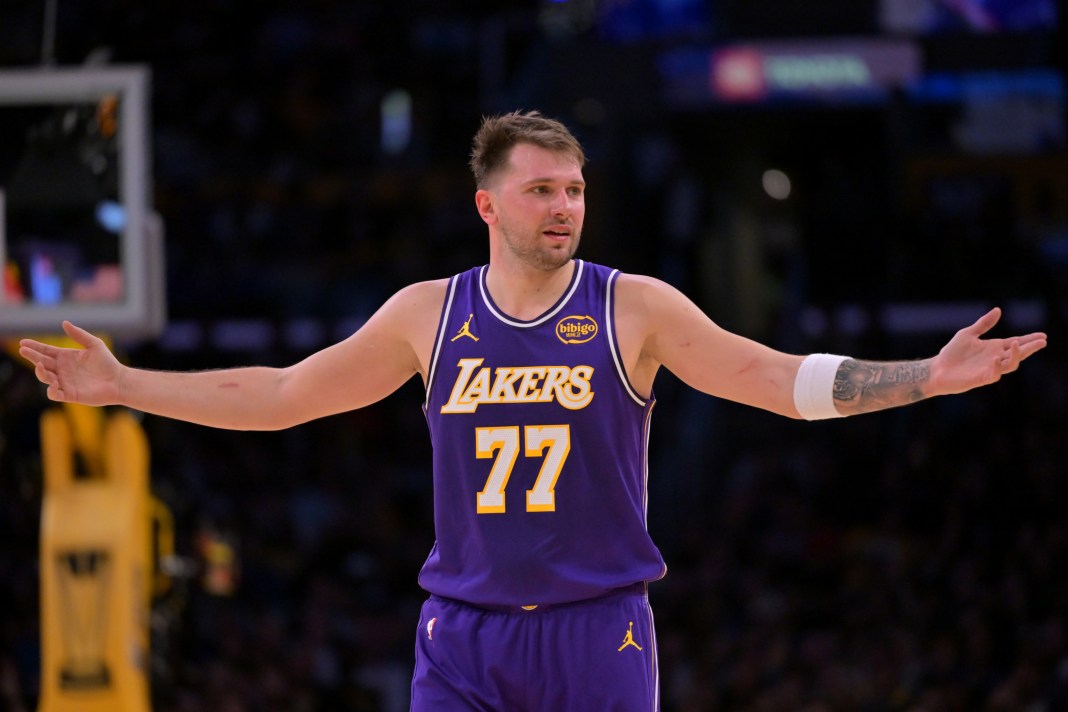 Lakers superstar Luka Doncic reacts to a play against the Mavericks during the 2025-26 NBA season.