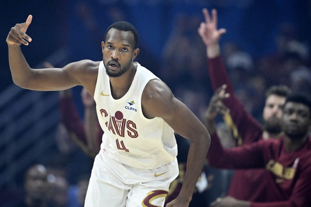 Cavaliers star Evan Mobley celebrates a play against the Trail Blazers during the 2025-26 NBA season.