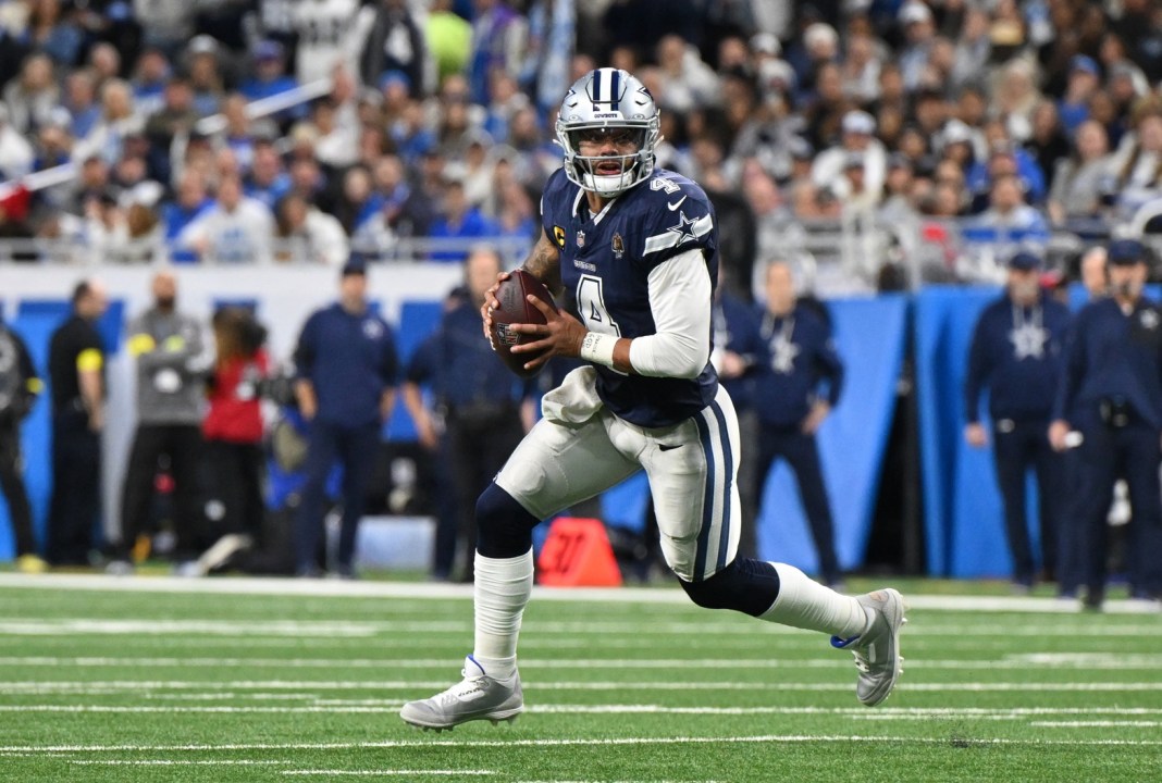 Cowboys quarterback Dak Prescott looks to throw against the Lions during the 2025 NFL season.