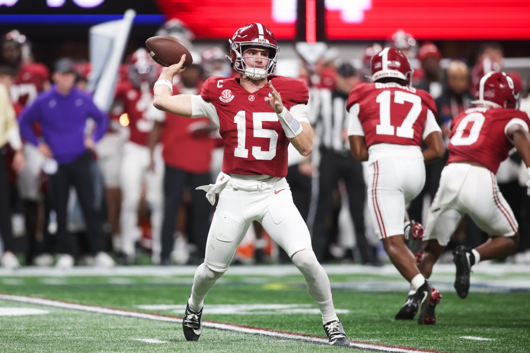 Alabama quarterback Ty Simpson looks to make a throw against Georgia in the 2025 SEC Championship Game.