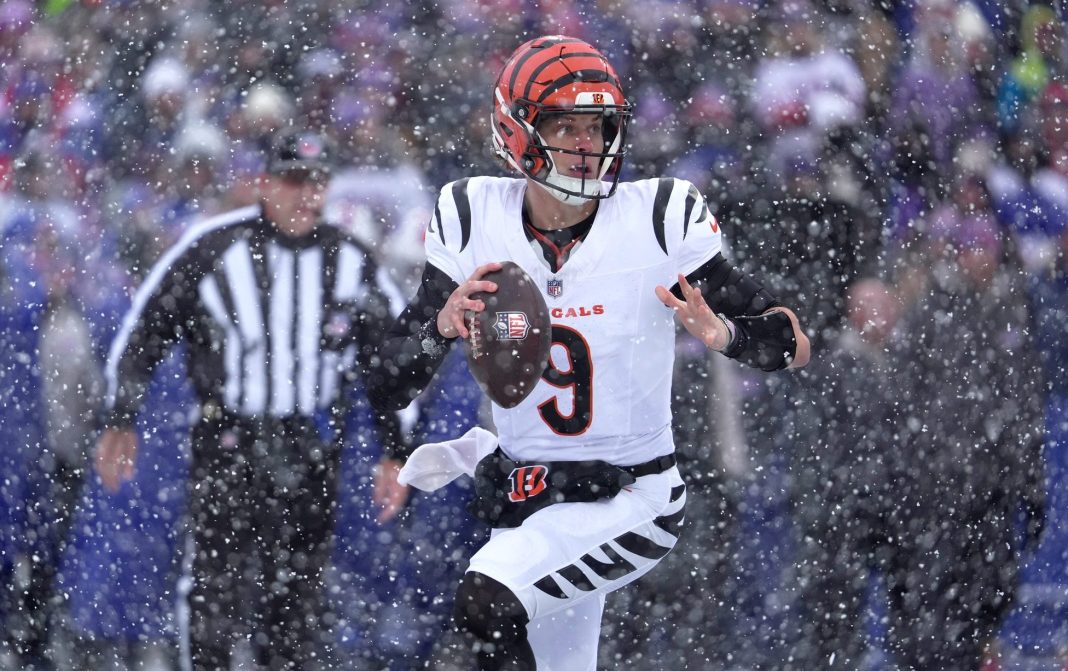 Bengals star Joe Burrow looks to make a play against the Bills during the 2025 NFL season.